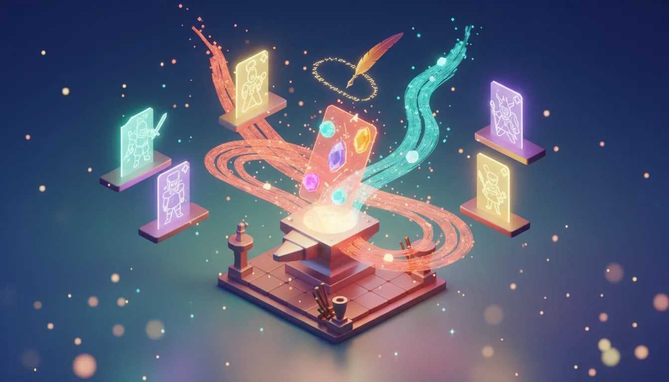 Creating SillyTavern character cards in a magical character forge workshop with glowing data streams